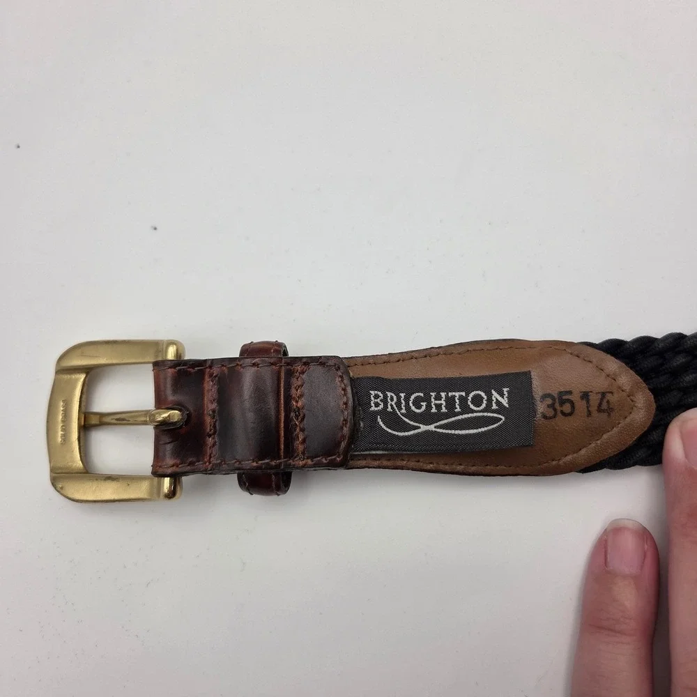 Brighton Woven‎ Stretch Black Belt Brown Leather Trim Solid Brass Buckle Size 36